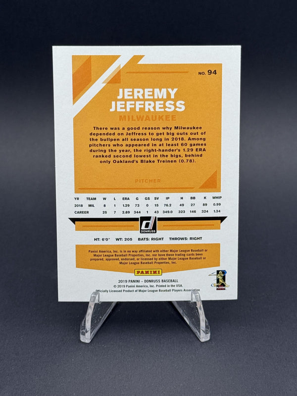 2019 Donruss #94 Jeremy Jeffress Holo Purple
