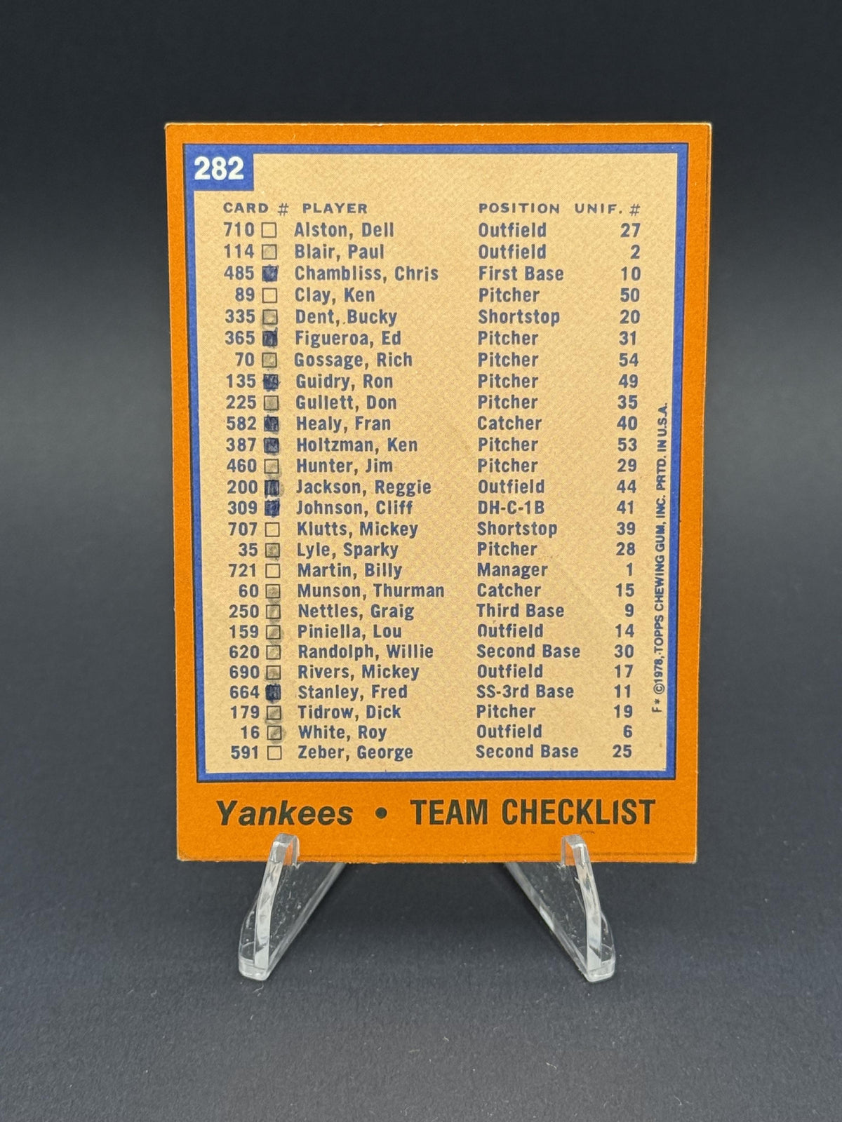 1978 Topps #282 New York Yankees Team Checklists