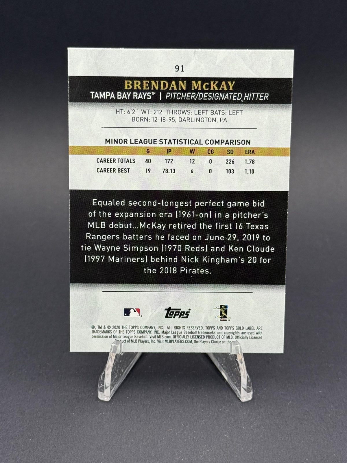 2020 Topps Gold Label #91 Brendan McKay (RC)
